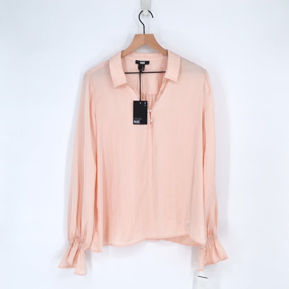 NEW Paige Resa Collar Blouse Long Sleeve Satin Cream Tan Light Pink Women's L